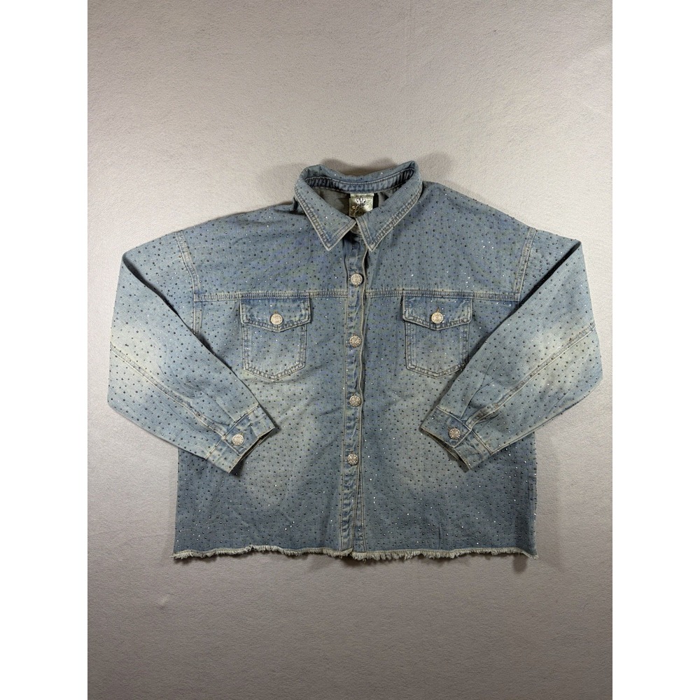 Vocal Women's Blue Denim Adorned Frayed Crop Jacket Size XL Rhinestone